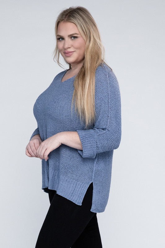 ee:some Plus Size Crew Neck Side Slits Long Sleeves Knit Sweater