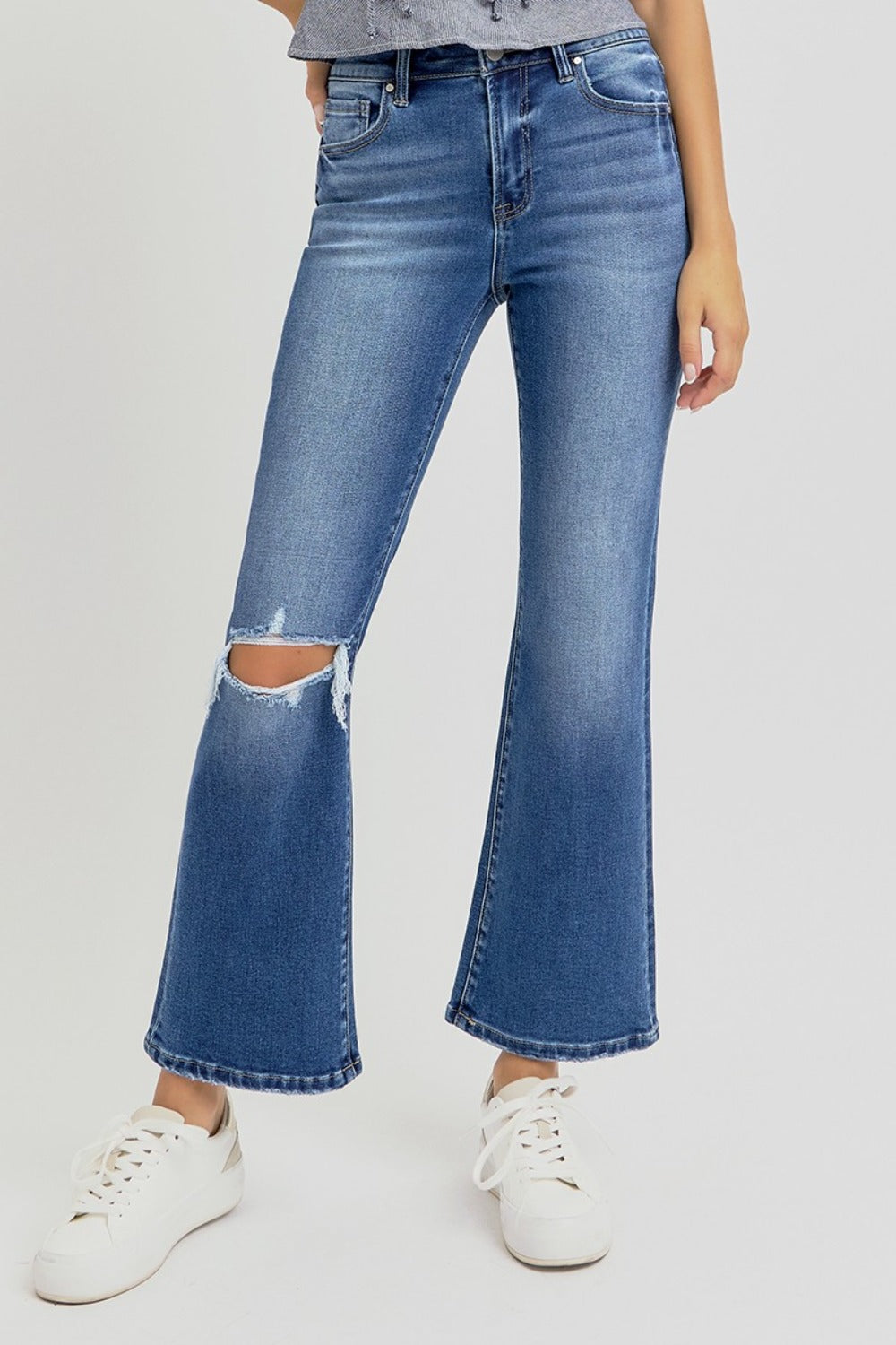 RISEN Distressed Knee High Rise Waist Dark Washed Cropped Flare Denim Jeans