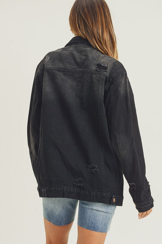 RISEN Distressed Long Sleeves 90's Vintage Pocket Oversized Denim Jacket | Black
