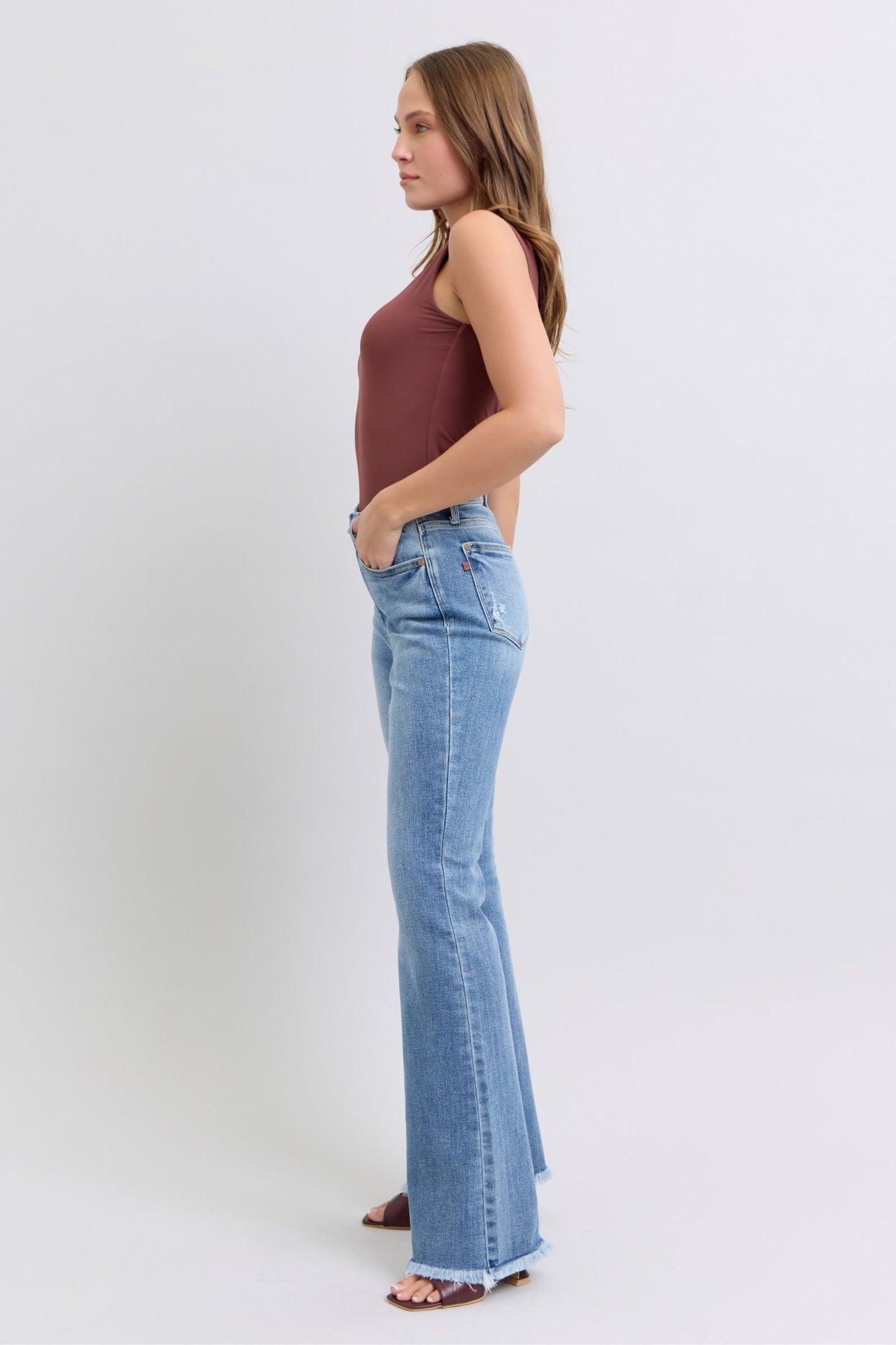 Judy Blue Raw Hem Detail High Rise Zipper Fly Medium Washed Bootcut Denim Jeans