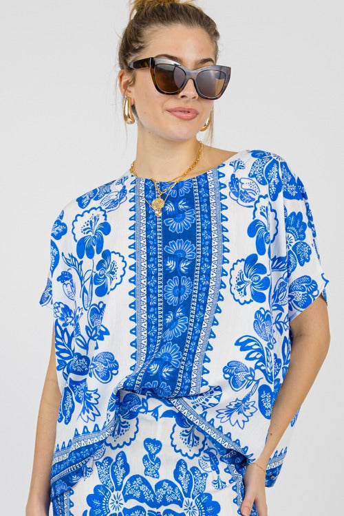 Umgee Floral Border Pattern Round Neck Short Sleeves Oversized Blouse | Blue