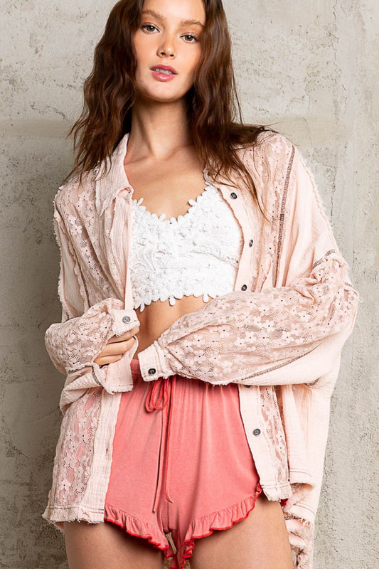POL Oversized Floral Lace Detail Long Sleeves Button Down Shirt | Baby Pink