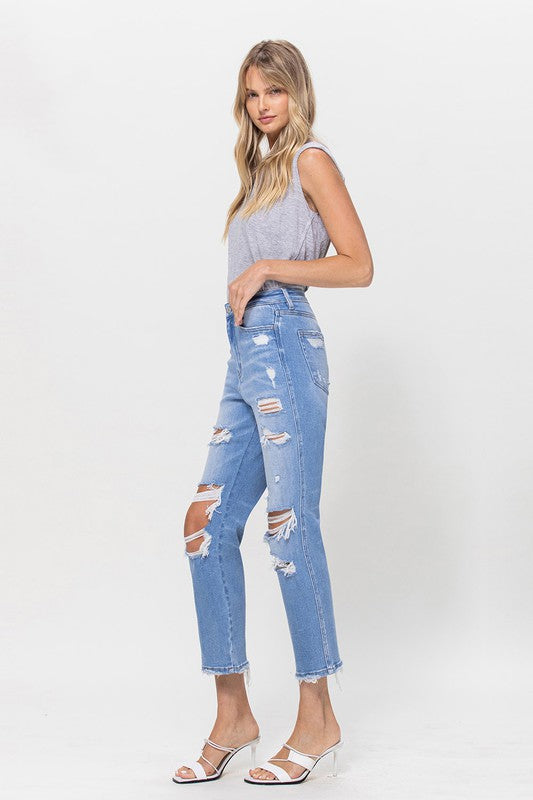 VERVET The Pink Knif Stretch Super High Rise Distressed Cropped Straight Jeans