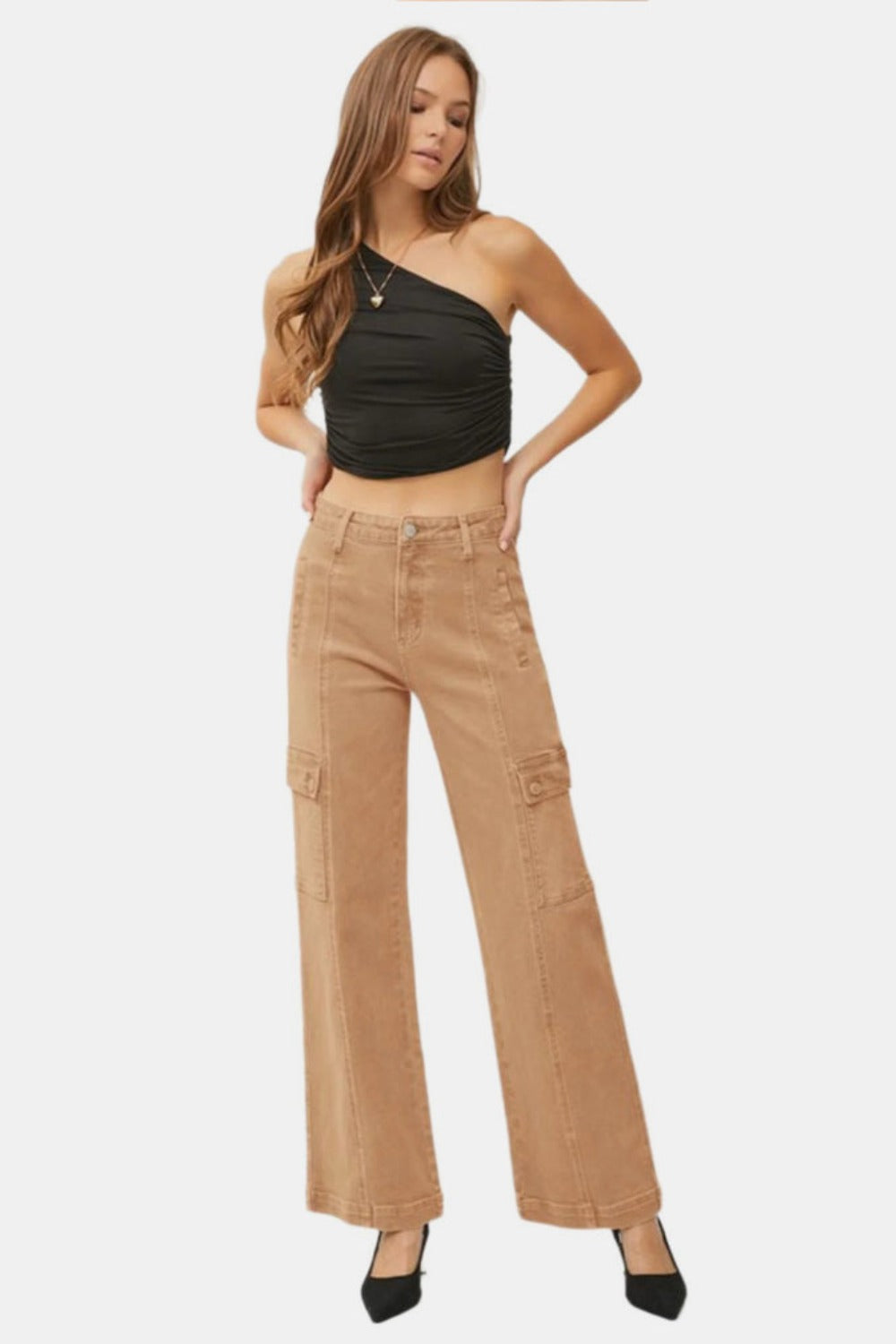 RISEN High Rise Cargo Pockets Zipper Fly Stretchy Wide Leg Denim Jeans | Cocoa