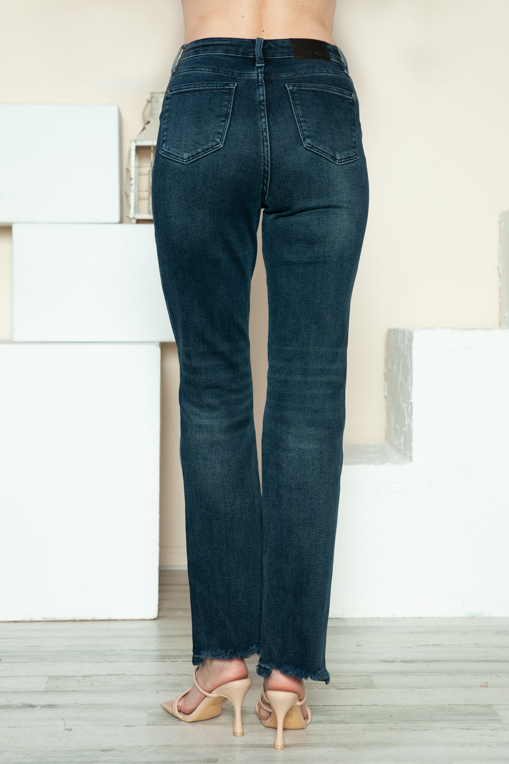 Judy Blue High Rise Waist Button Fly Hem Destroy Dark Wash Straight Denim Jeans