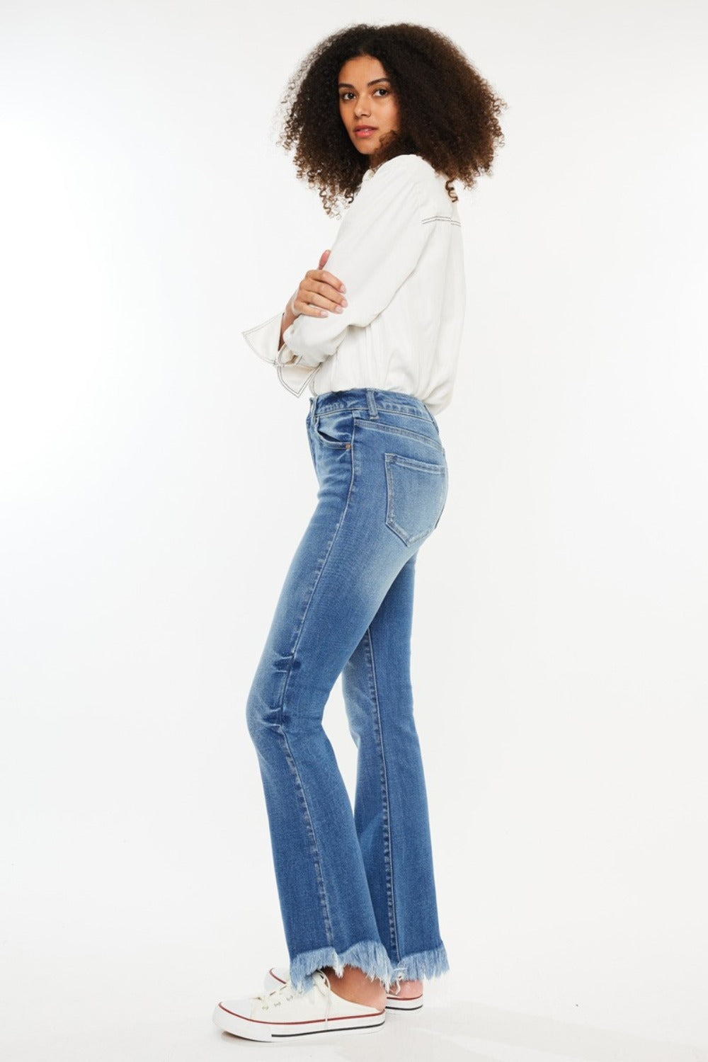 KanCan High Rise Raw Hem 5 Pockets Design Medium Wash Ankle Bootcut Denim Jeans