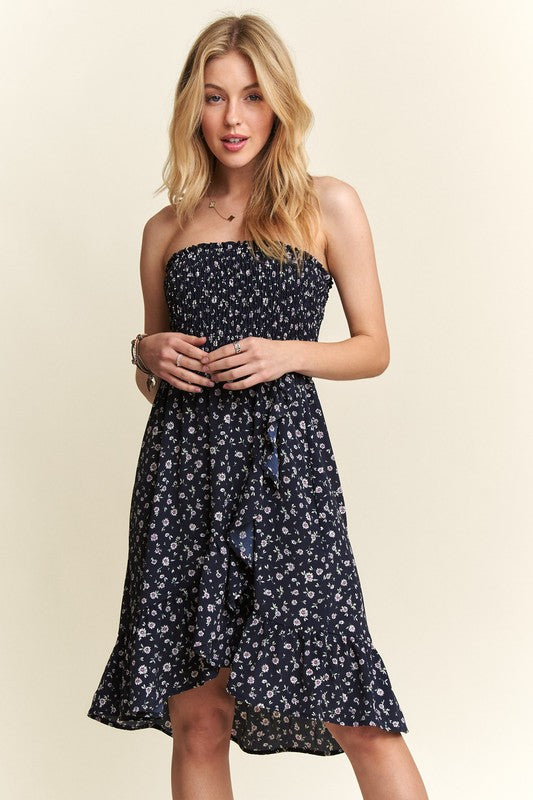 ADORA Smocked Floral Pattern Side Pockets High-Low Hem Tube Midi Dress | Navy
