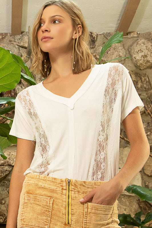 POL Relaxed Fit Inset Lace Outseam Detail Short Sleeves V-Neck T-Shirt