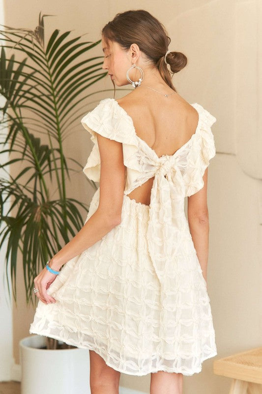 ADORA Open Tie Back Deep V-Neck Cap Ruffle Sleeves Babydoll Mini Dress | Ivory