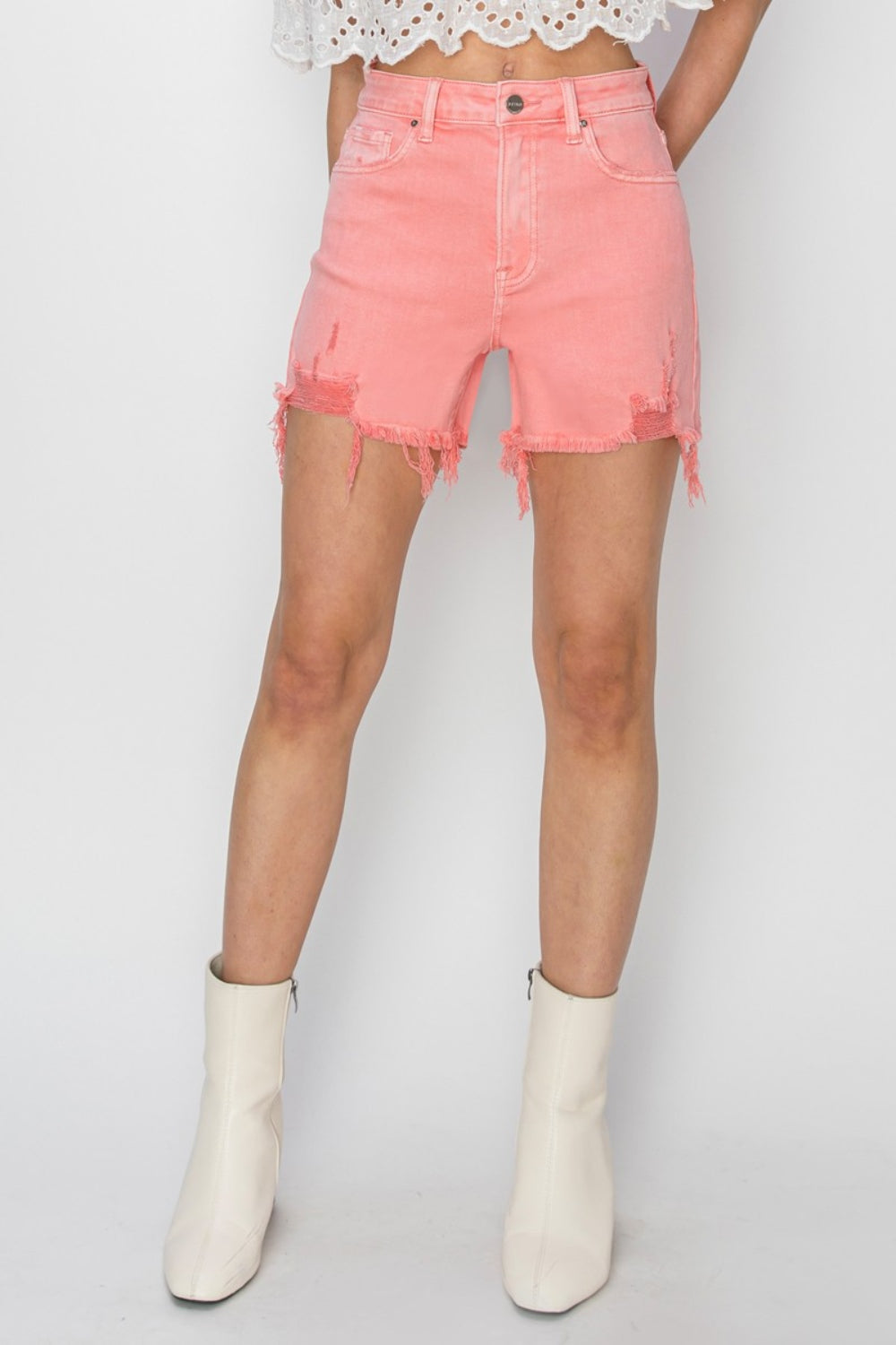 RISEN High Rise Raw Hem Zipper Fly Distressed Denim Shorts | Flamingo