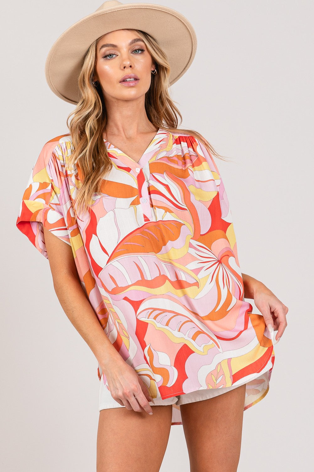 SAGE + FIG Abstract Print Half Button Short Sleeves Oversized Blouse | Coral