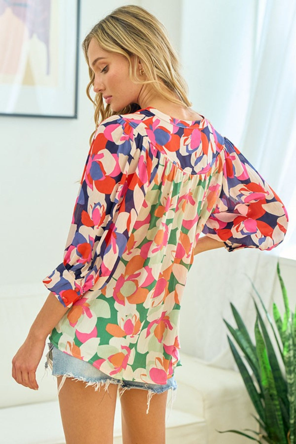 First Love Floral Pattern Three Quarter Sleeves Button Down Satin Shirt