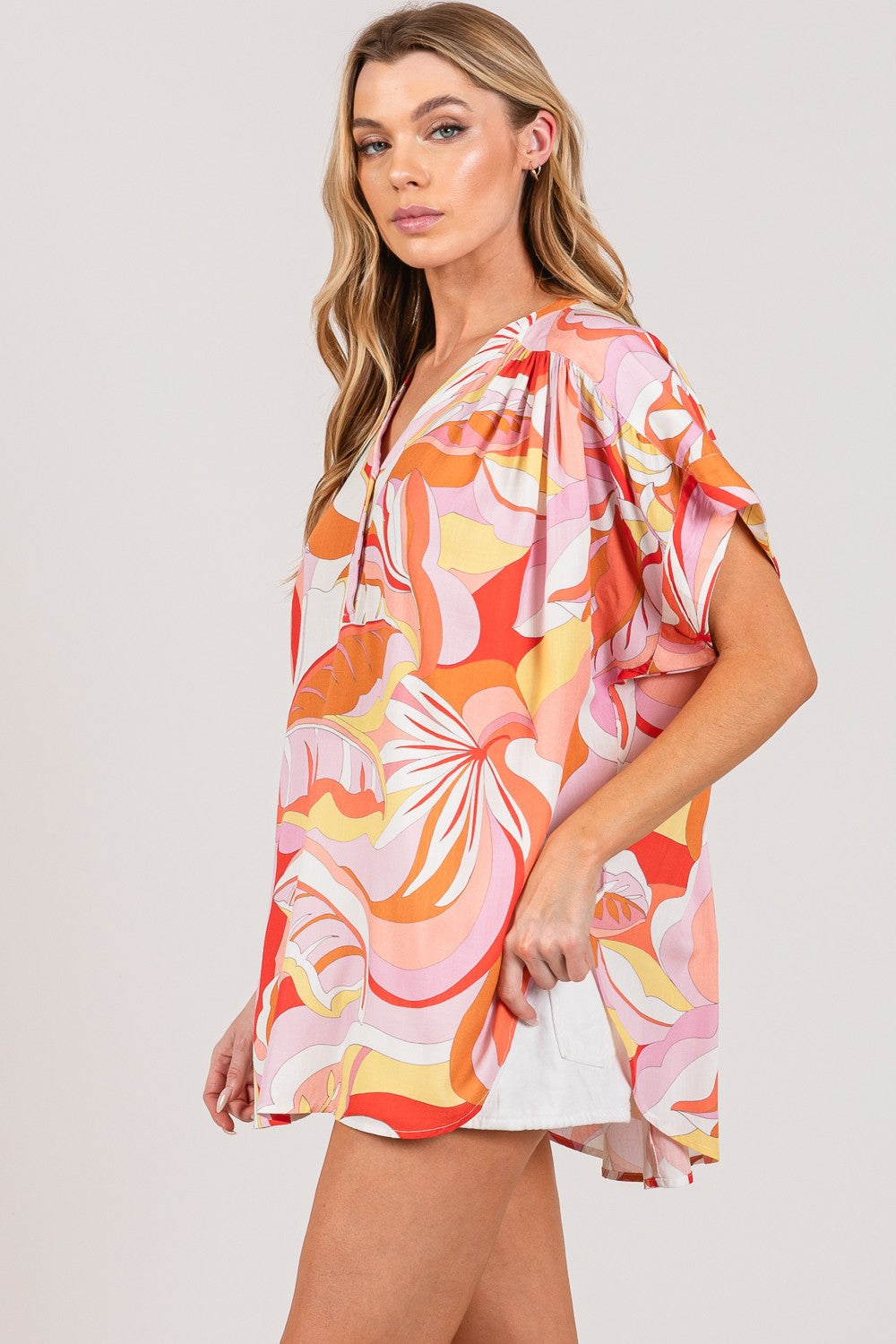 SAGE + FIG Abstract Print Half Button Short Sleeves Oversized Blouse | Coral