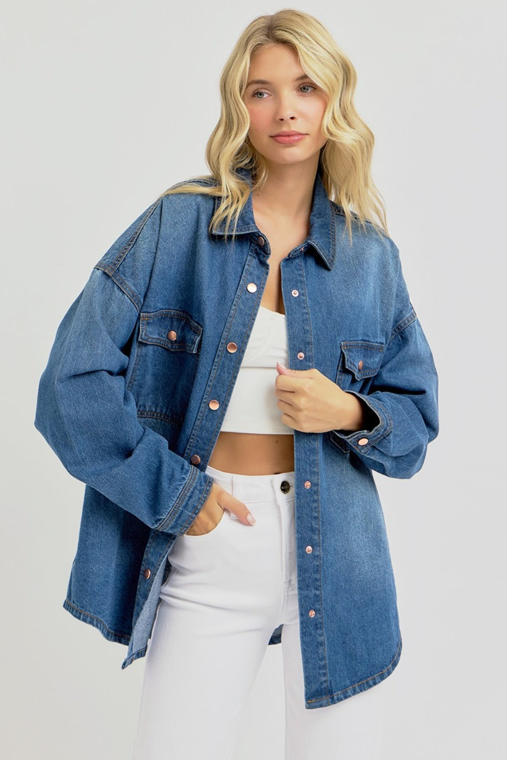 RISEN Snap Button Down Long Sleeves Dark Washed Chest Pockets Denim Shacket