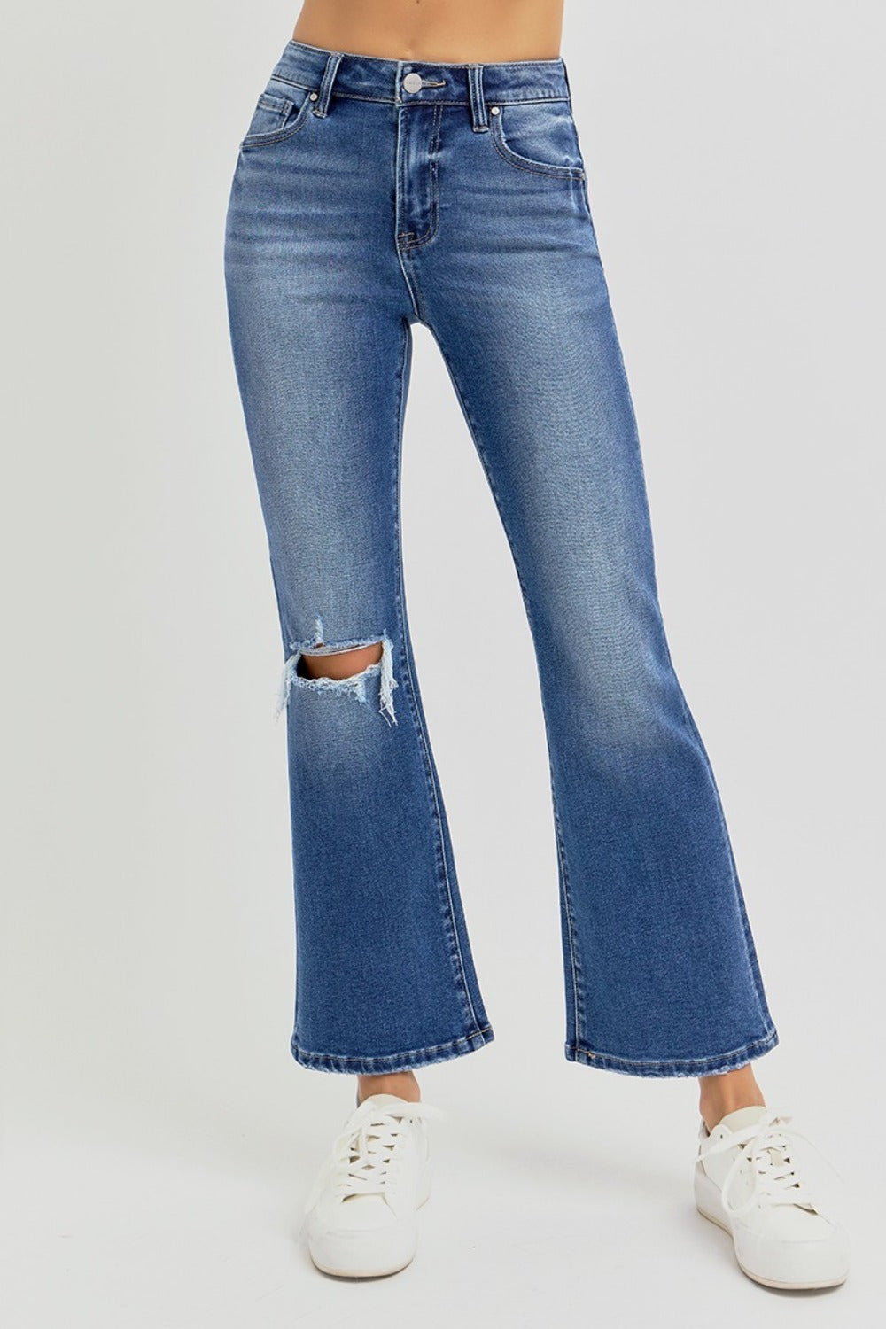 RISEN Distressed Knee High Rise Waist Dark Washed Cropped Flare Denim Jeans