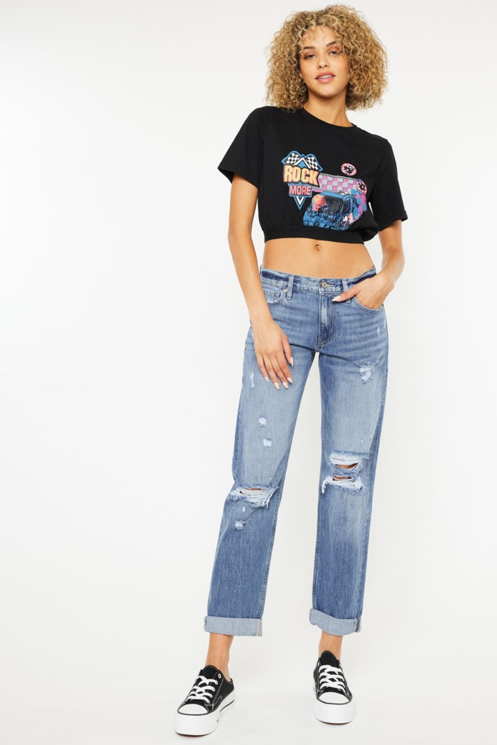 KanCan Mid Rise Cuffed Hem Distressed Light Wash Cropped Straight Denim Jeans