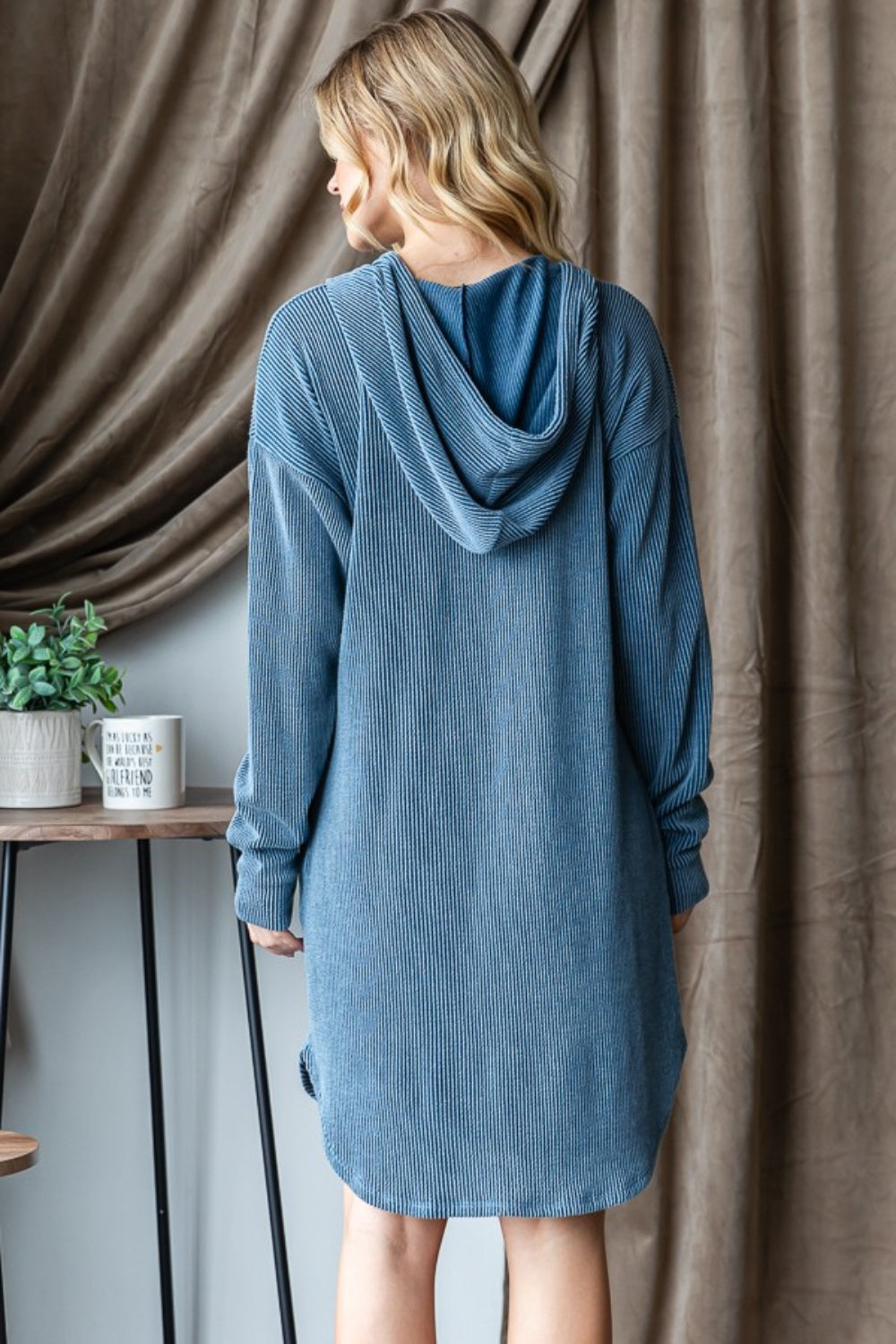 Heimish Solid Long Sleeves Urban Ribbed Drawstring Hooded Mini Dress | Denim