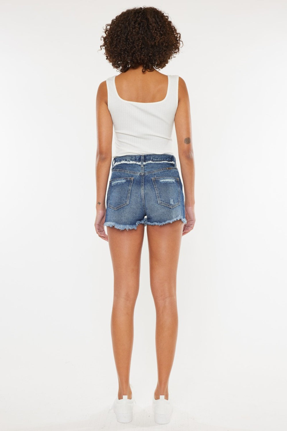 KanCan High Rise Distressed Button Fly Denim Shorts | Dark Wash