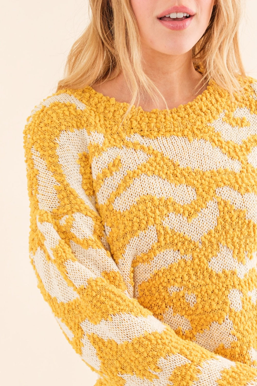And The Why Textured Pattern Contrast Long Sleeves Relaxed Fit Sweater | Mustard