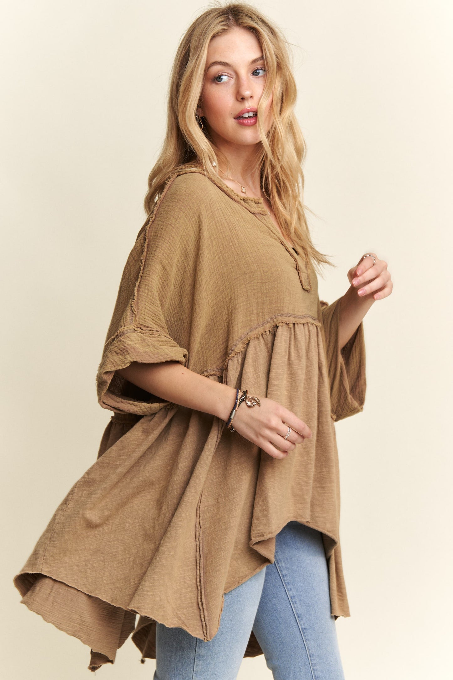 ADORA Oversized Vintage Raw Edge Detail Mineral Wash Flare Babydoll Top | Beige