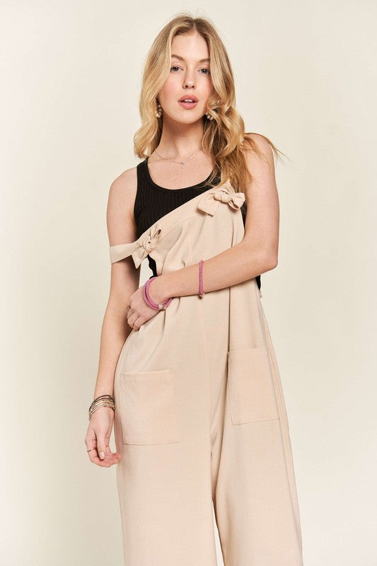 ADORA Knotted Wide Strap Front Pockets Relaxed Fit Wide Leg Overalls | Tan