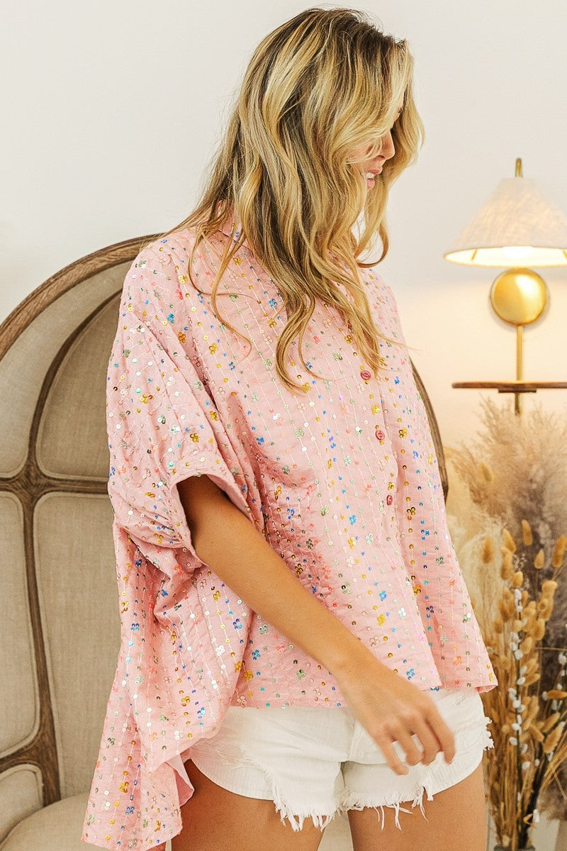 BiBi Sequin Striped Pattern Dolman Sleeves Buttoned Oversized Blouse | Off White