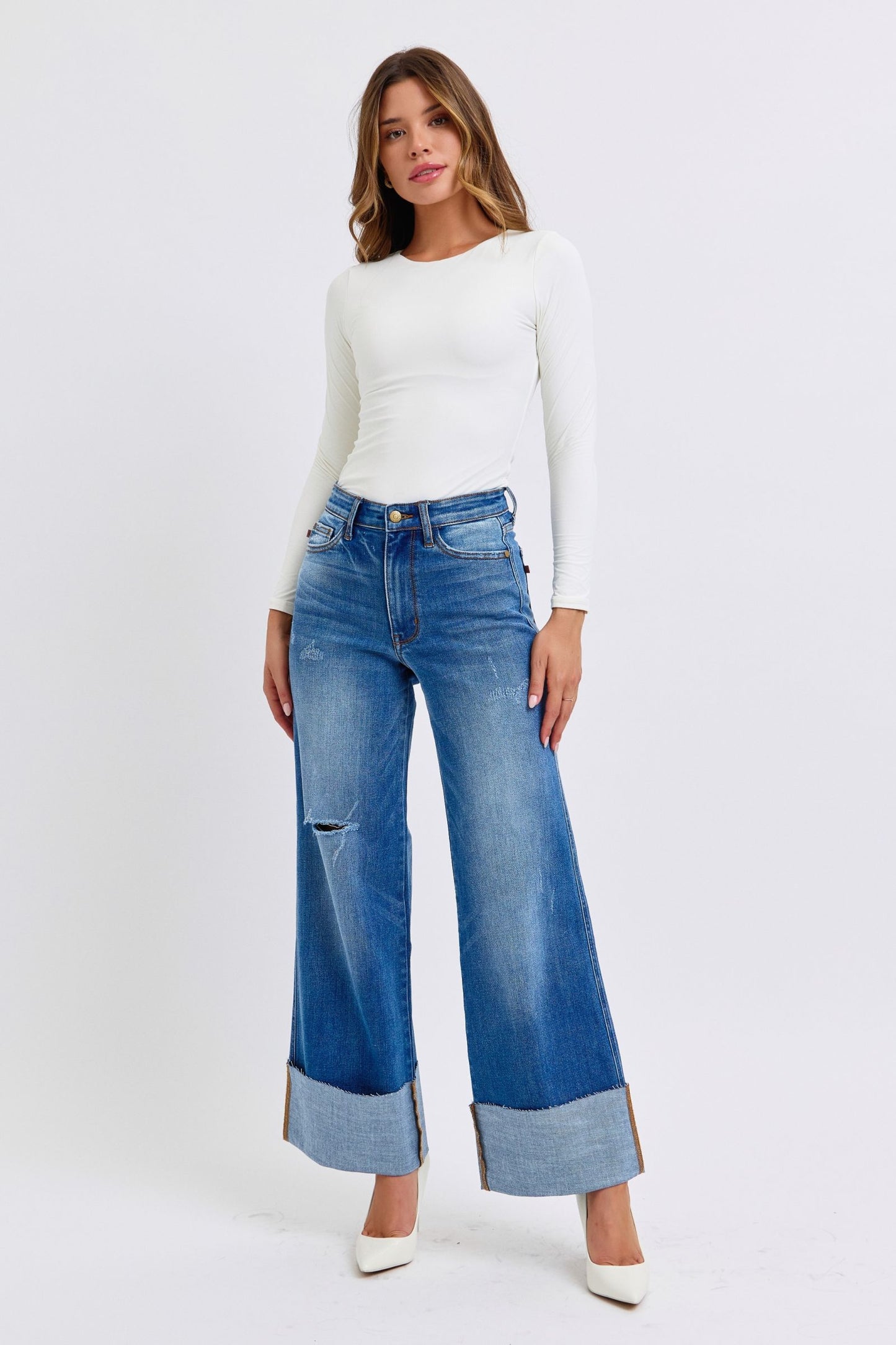 Judy Blue Distressed High Rise Cuffed Raw Hem Zip Fly Medium Wash Wide Leg Jeans