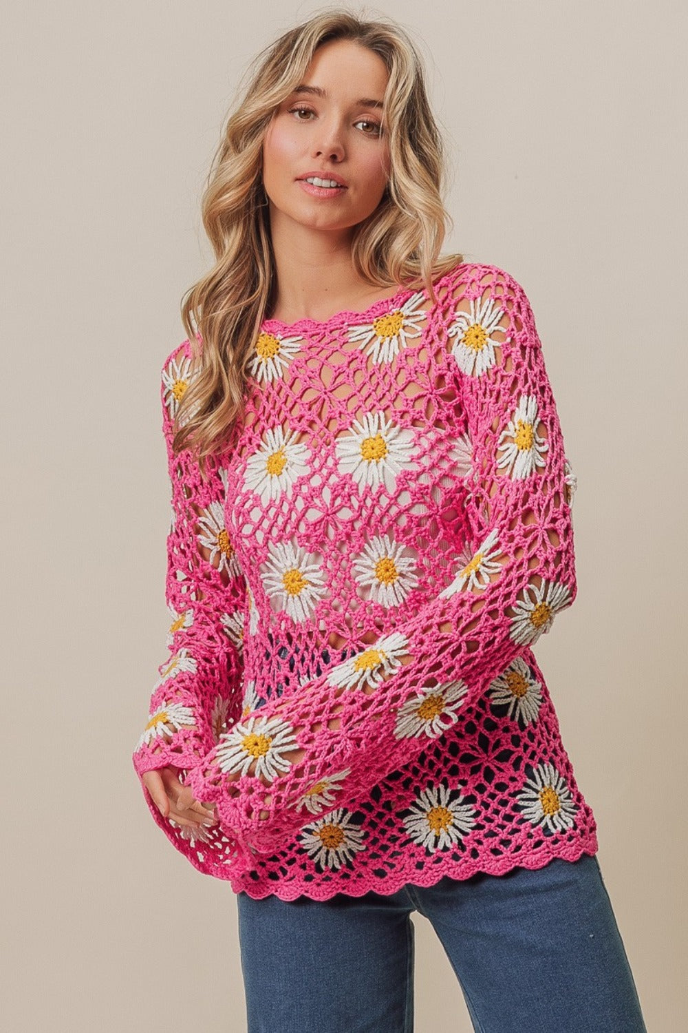 BiBi Floral Crochet Net Lace Round Neck Long Sleeves Cover Up Top | Fuchsia