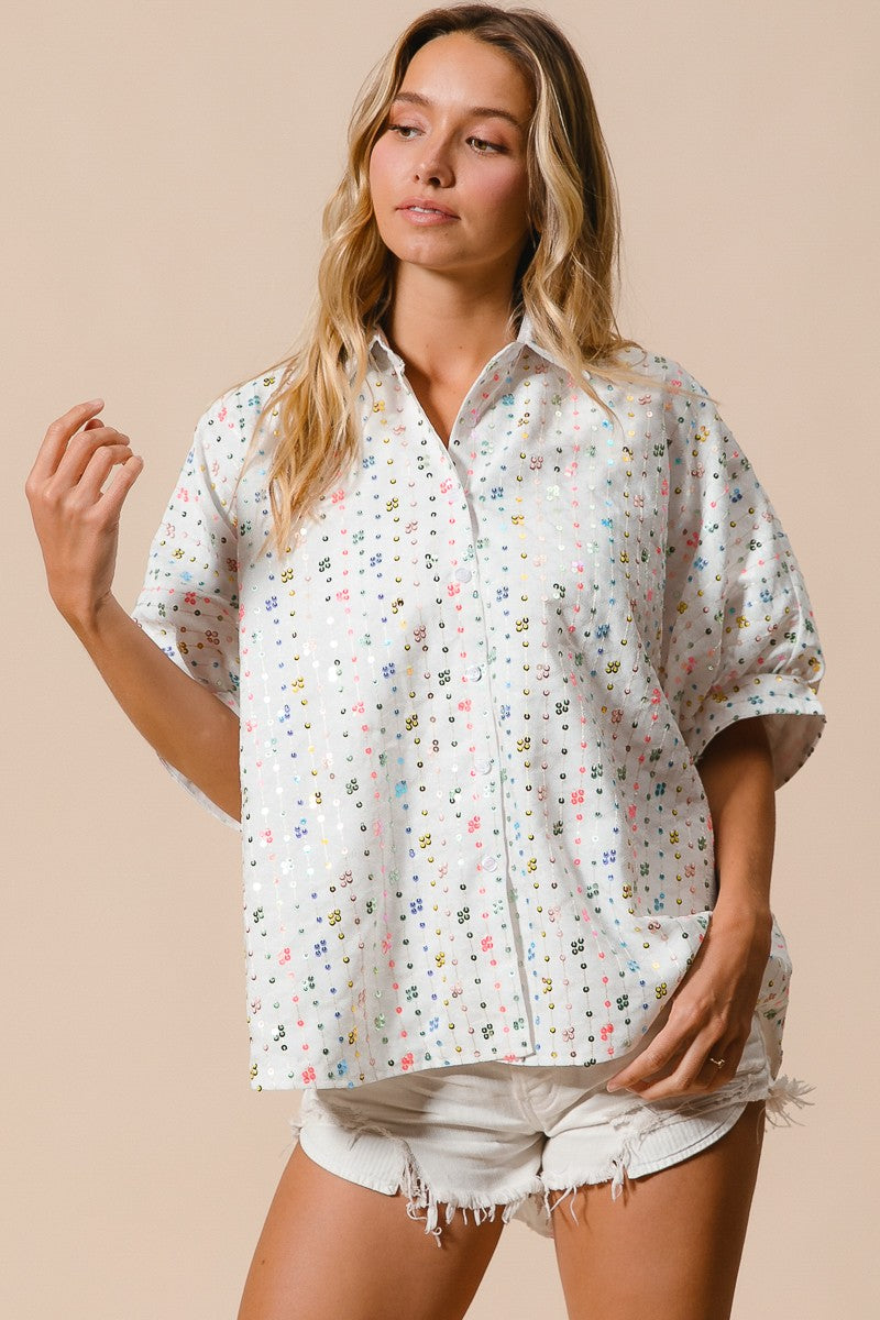 BiBi Sequin Striped Pattern Dolman Sleeves Buttoned Oversized Blouse | Off White
