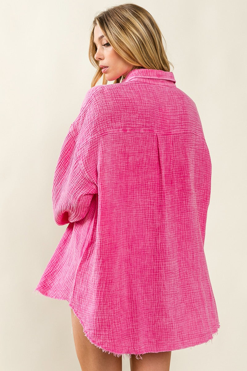 BiBi Raw Edge Detail Long Sleeves Mineral Wash Oversized Shirt | Vintage Olive