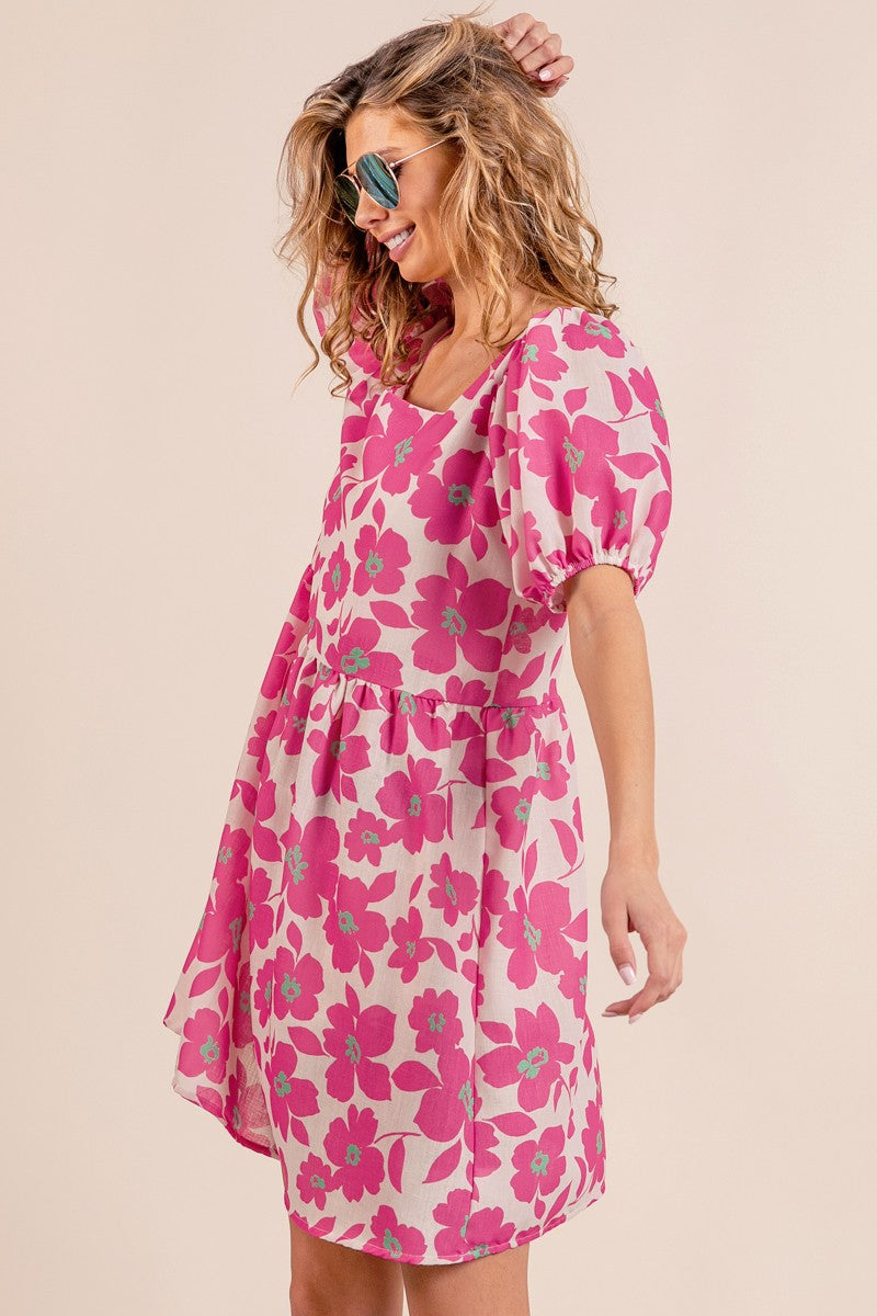 BiBi Floral Print Puff Sleeves Square Neck Ruched Mini Dress | Fuchsia