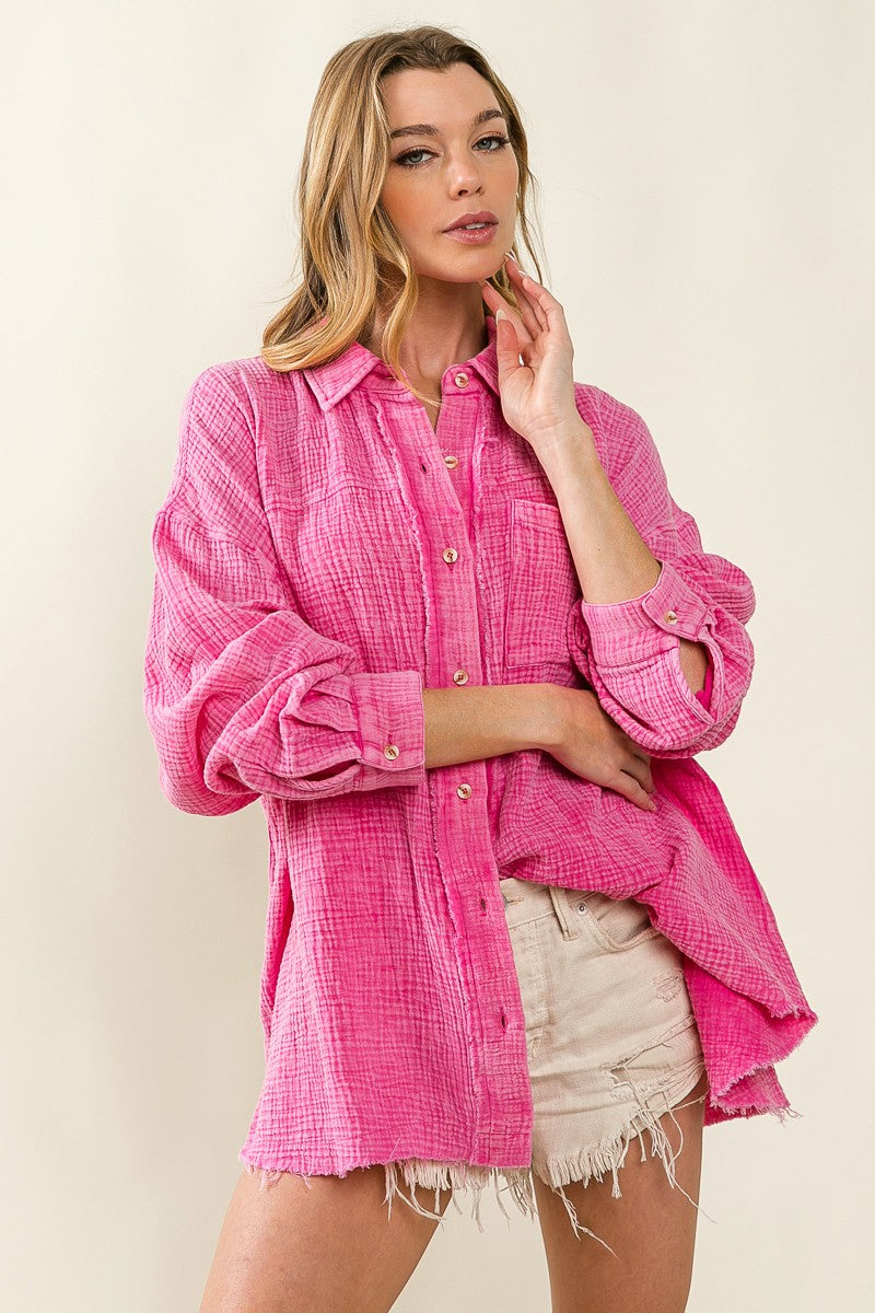 BiBi Raw Edge Detail Long Sleeves Mineral Wash Oversized Shirt | Vintage Olive