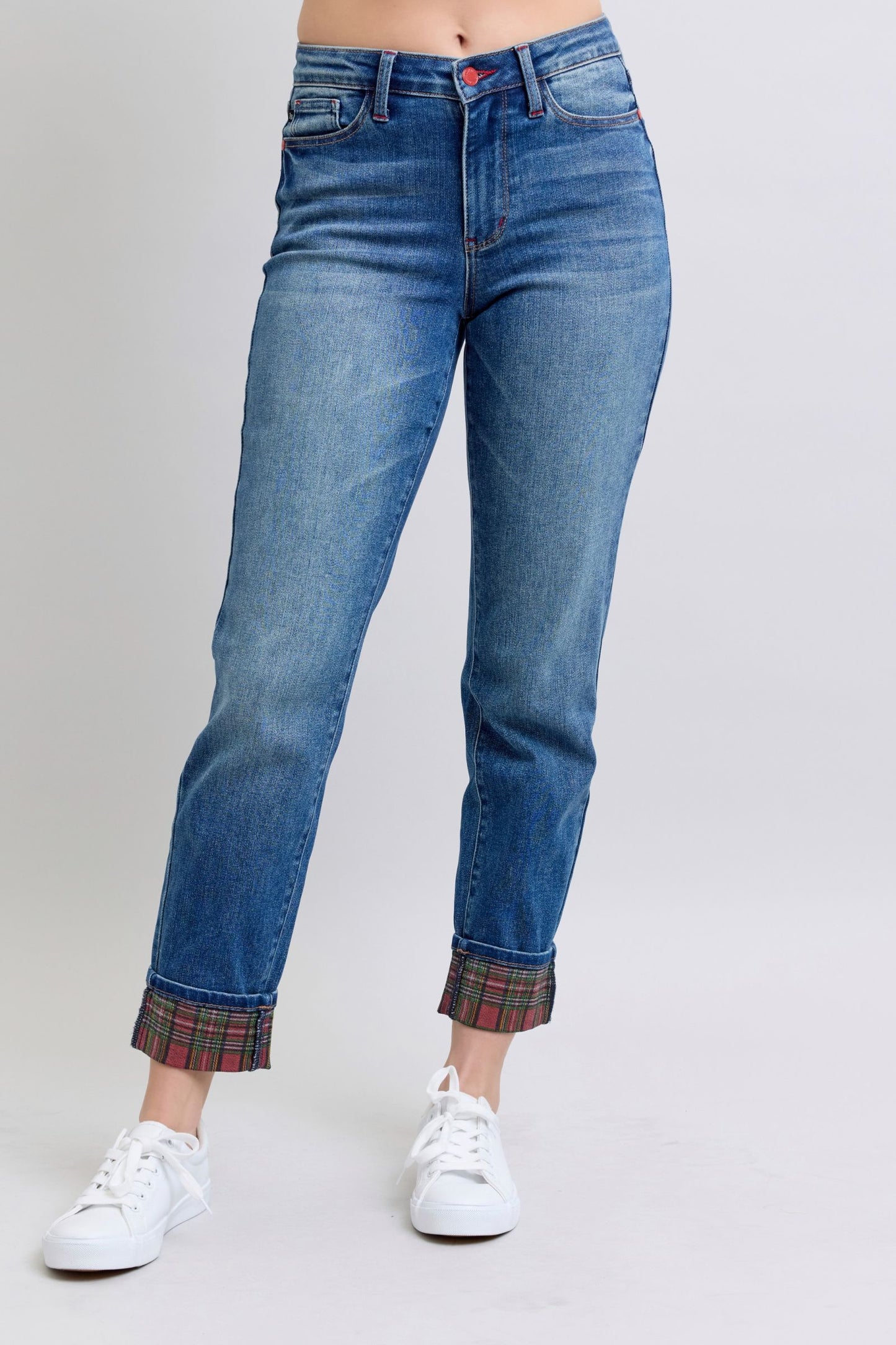 Judy Blue High Waist Plaid Print Cuffed Medium Washed Straight Leg Denim Jeans