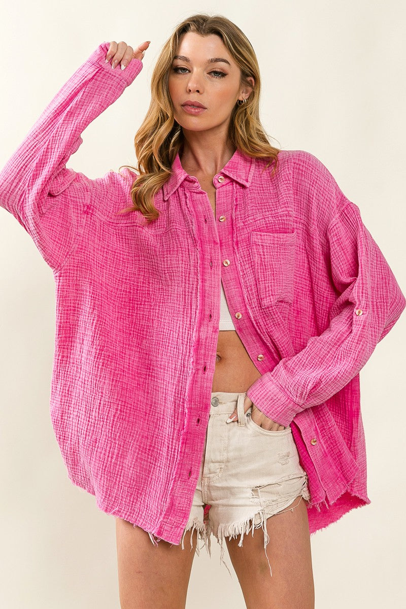 BiBi Raw Edge Detail Long Sleeves Mineral Wash Oversized Shirt | Vintage Olive