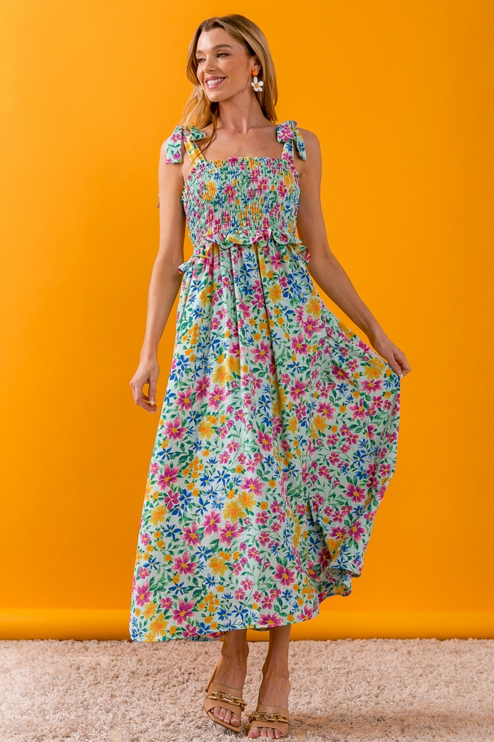 BiBi Floral Print Ruffle Trim Smocked Wide Tie Strap Cami Dress