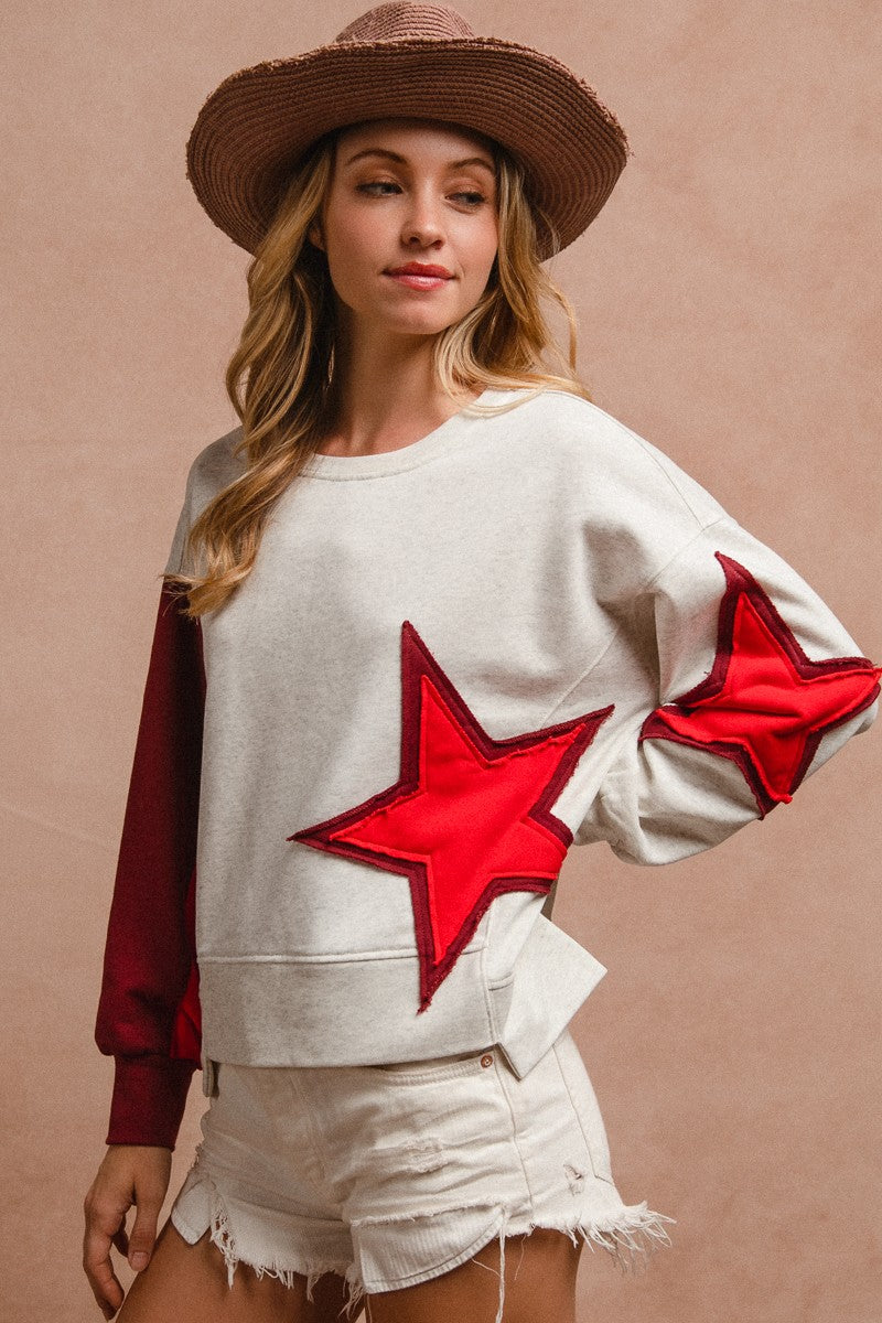 BiBi Star Patch Detail Spliced Hem French Terry Long Sleeves Sweatshirt | Ivory