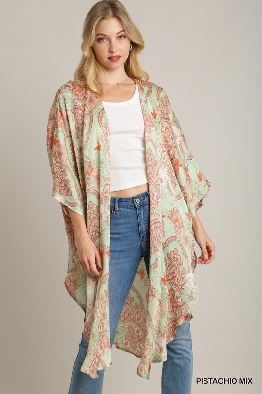 Umgee Mixed Pattern 3/4 Ruffle Sleeves Side Slit Open Front Kimono | Pistachio