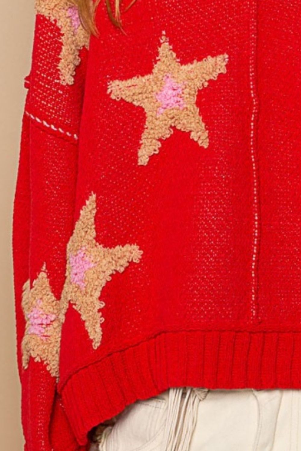 POL Relaxed Fit Long Sleeves Star Patch V-Neck Pullover Sweater | Apple Red