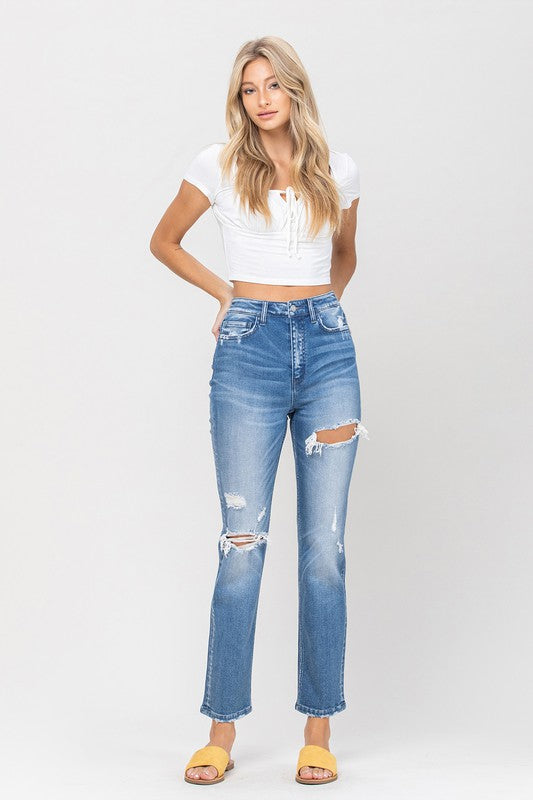 VERVET Wavy Super High Rise Distressed Zip Fly Ankle Straight Jeans