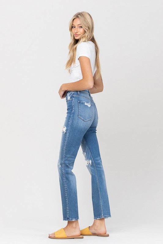 VERVET Wavy Super High Rise Distressed Zip Fly Ankle Straight Jeans