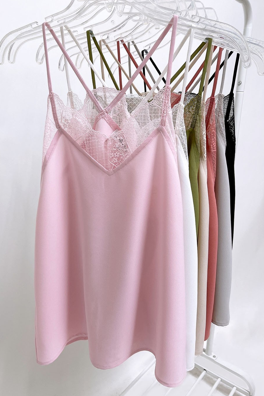 BiBi Solid Spaghetti Straps Lace Trim Detailing Square Neck Tank Top | Blush