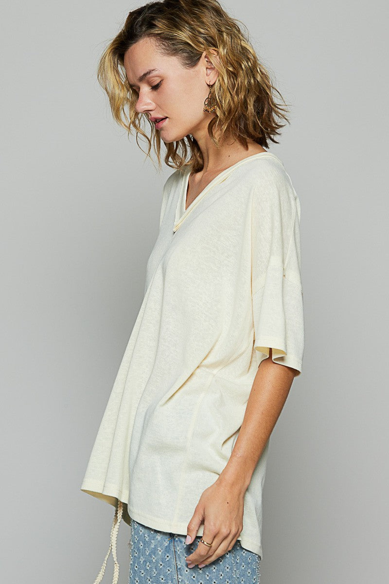 POL V-Neckline Short Sleeves Roomy Fit Stone Washed Knit T-Shirt | Lilac