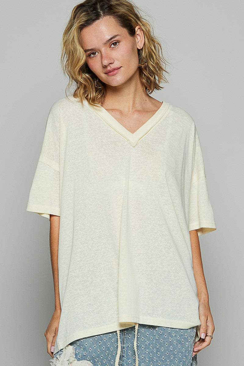 POL V-Neckline Short Sleeves Roomy Fit Stone Washed Knit T-Shirt | Lilac