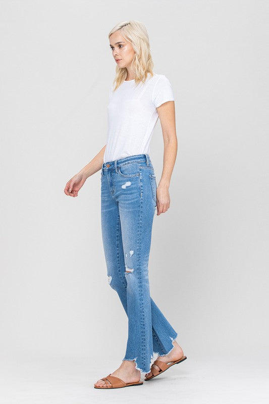 Flying Monkey Blue Cove Mid Rise Distressed Frayed Hem Stretch Flare Jeans