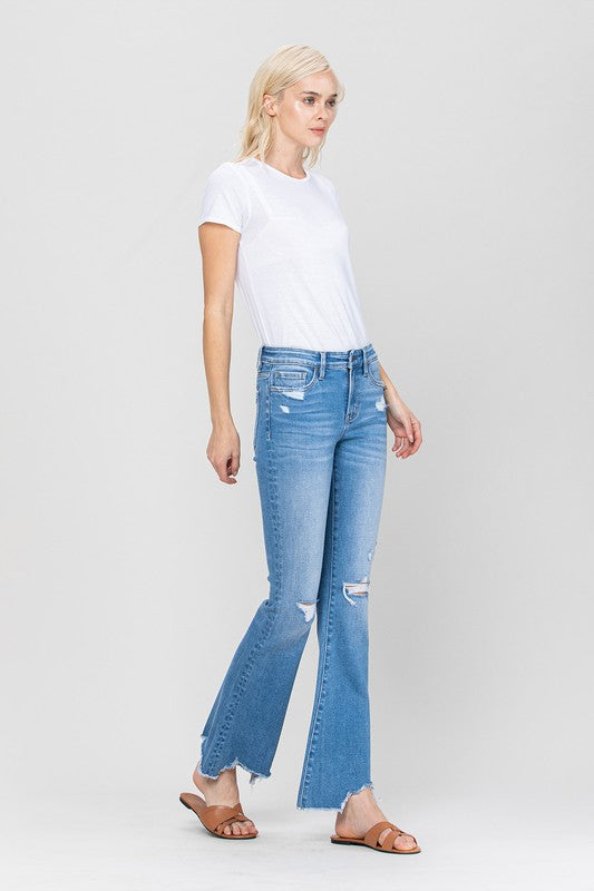 Flying Monkey Blue Cove Mid Rise Distressed Frayed Hem Stretch Flare Jeans