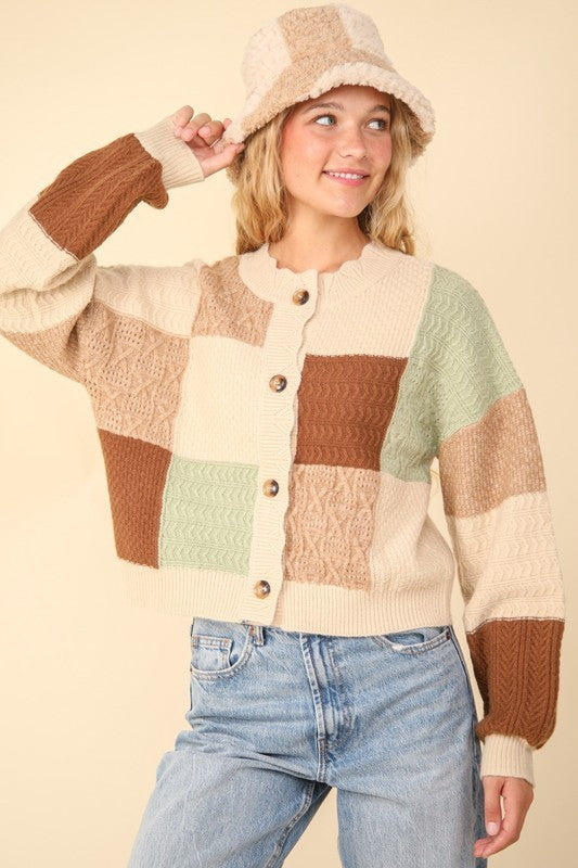 VERY J Color Block Button Down Textured Knit Cropped Sweater Cardigan | Oatmeal