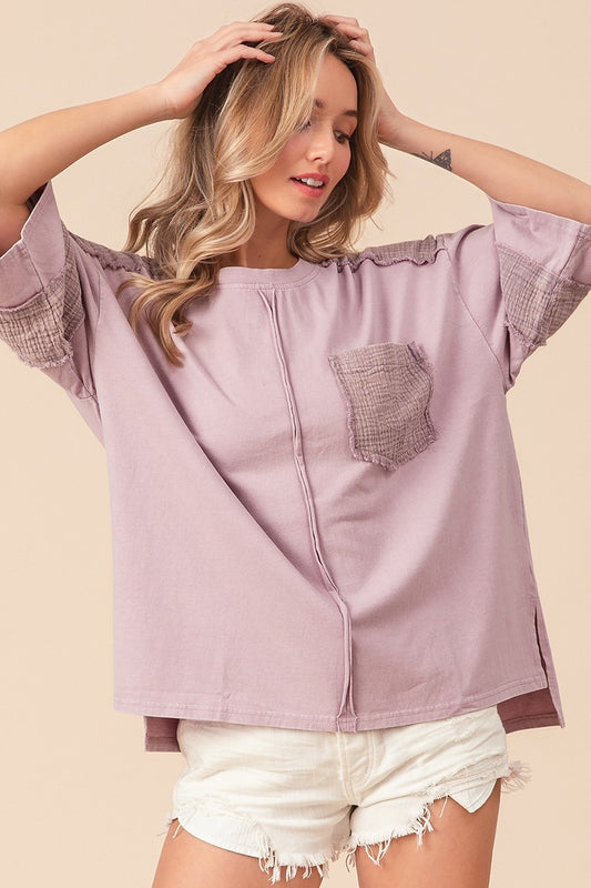 BiBi High-Low Hem Exposed Seam Long Sleeves Pocket Washed T-Shirt | Lavender