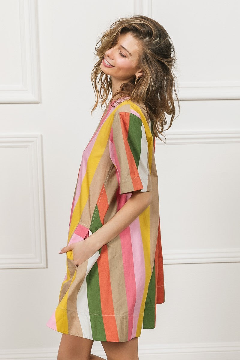 BiBi Multi Stripe Woven Side Pockets Back Key Hole Flared Mini Dress | Mustard
