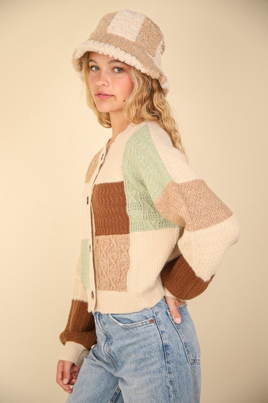 VERY J Color Block Button Down Textured Knit Cropped Sweater Cardigan | Oatmeal