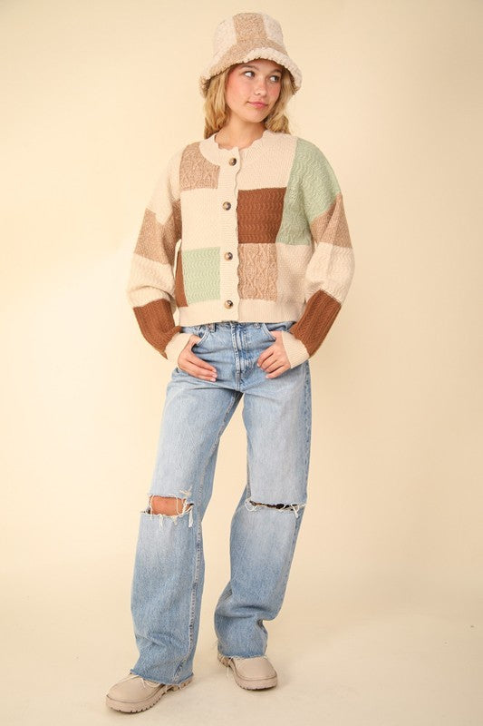 VERY J Color Block Button Down Textured Knit Cropped Sweater Cardigan | Oatmeal